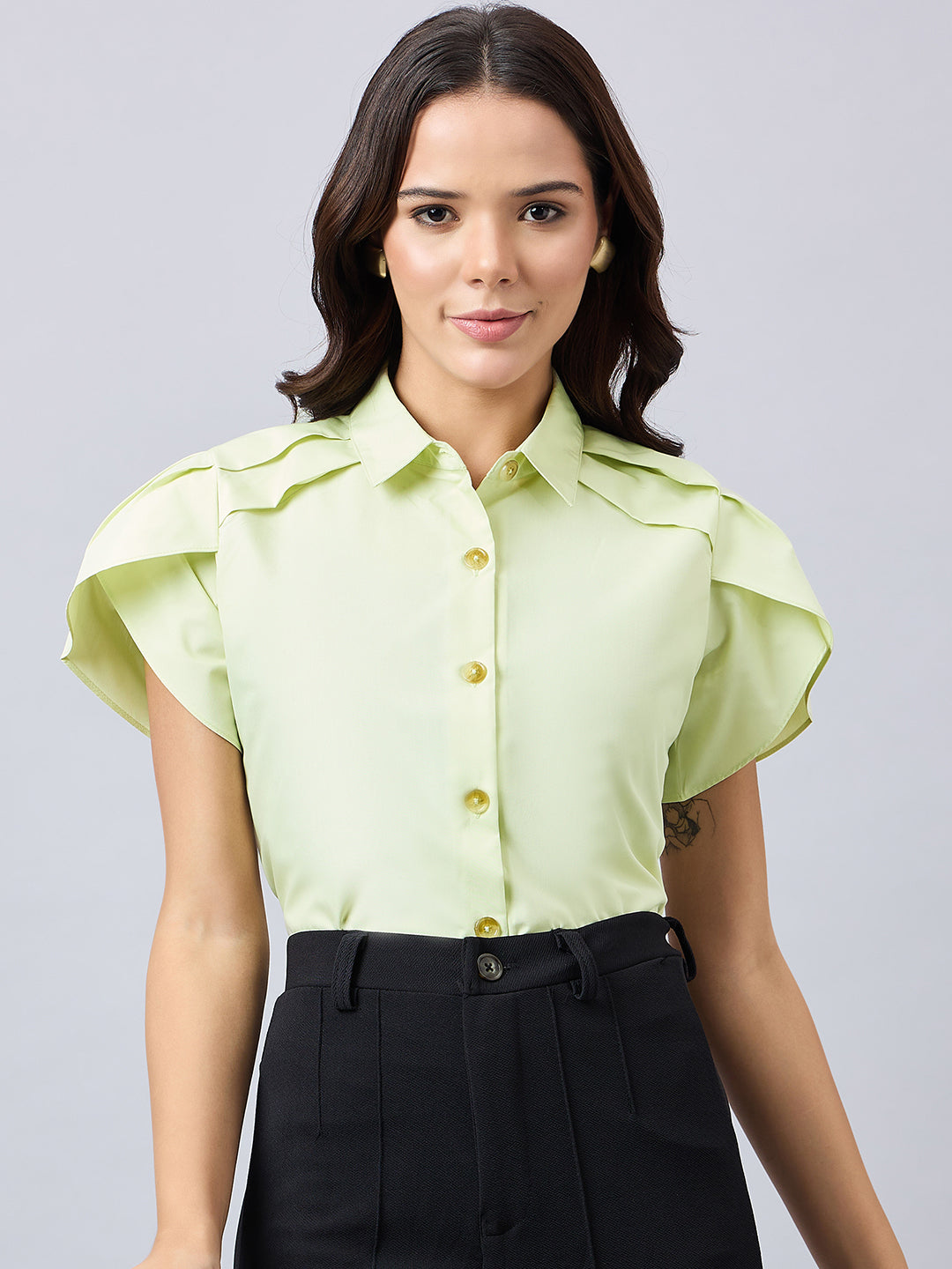 Style Quotient Women Solid Pista Polycotton Regular Fit Formal Tulip Sleeve Shirt-Shirts-StyleQuotient