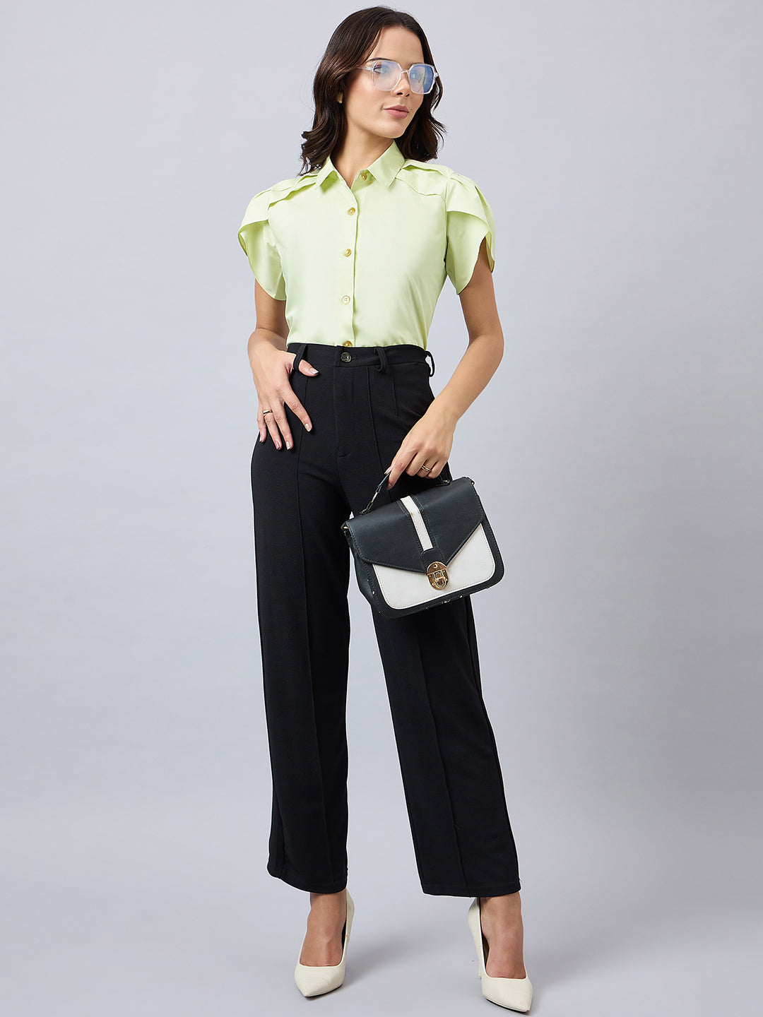 Style Quotient Women Solid Pista Polycotton Regular Fit Formal Tulip Sleeve Shirt-Shirts-StyleQuotient