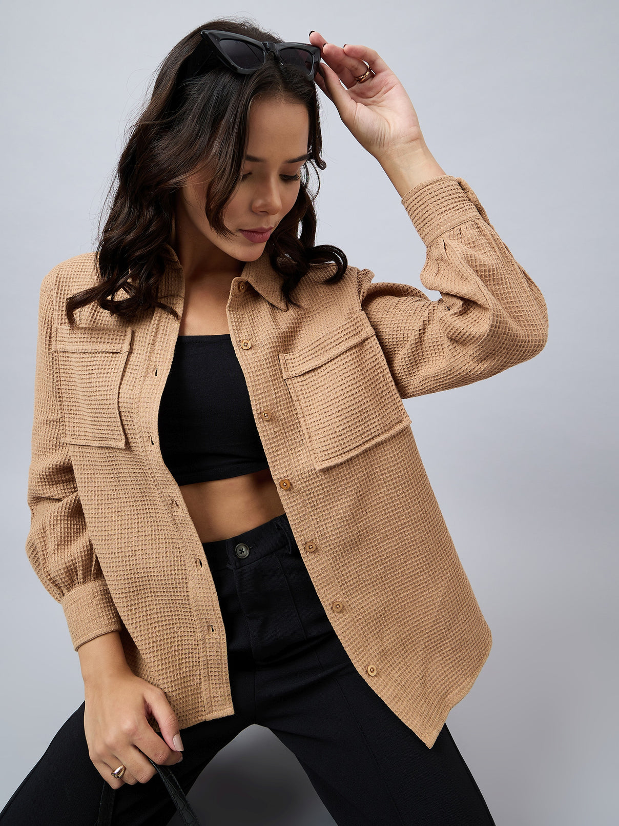 Style Quotient Women Solid Self Design Cotton Oversize Shirt-Shirts-StyleQuotient