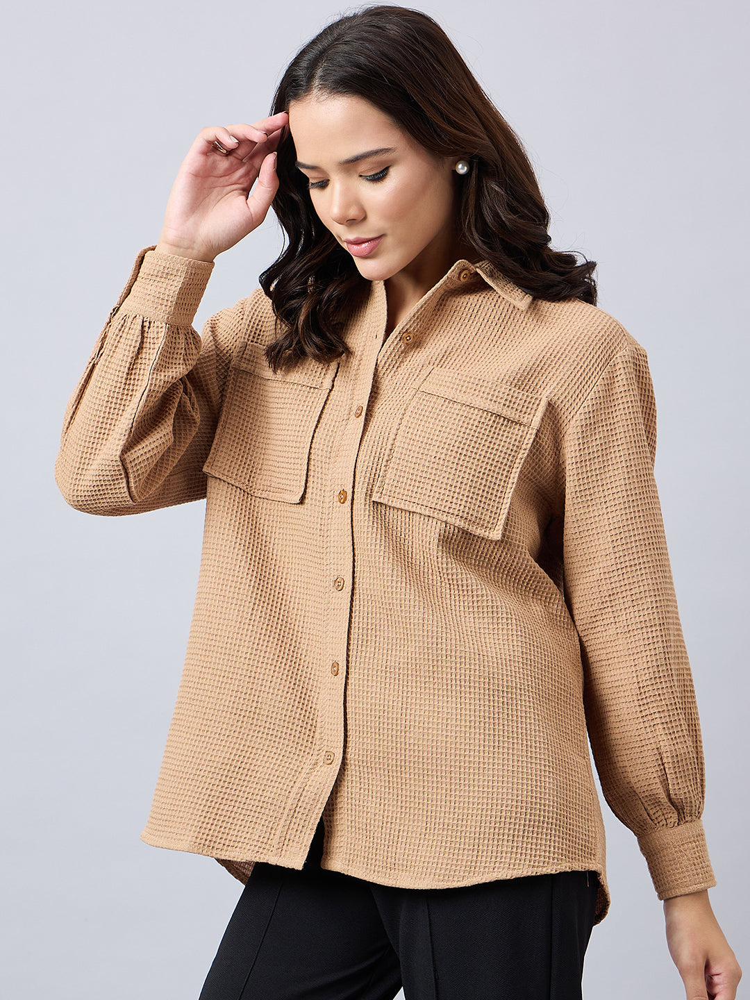 Style Quotient Women Solid Self Design Cotton Oversize Shirt-Shirts-StyleQuotient