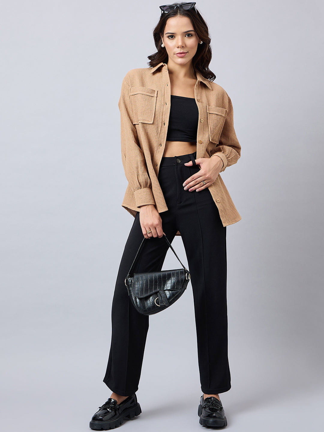 Style Quotient Women Solid Self Design Cotton Oversize Shirt-Shirts-StyleQuotient