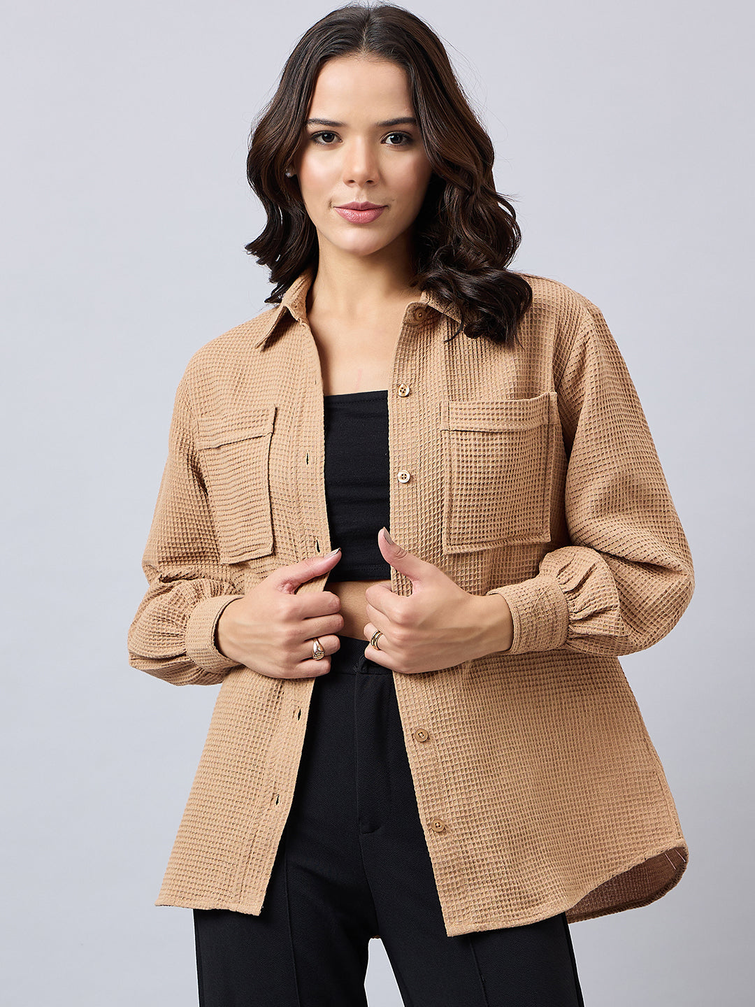 Style Quotient Women Solid Self Design Cotton Oversize Shirt-Shirts-StyleQuotient