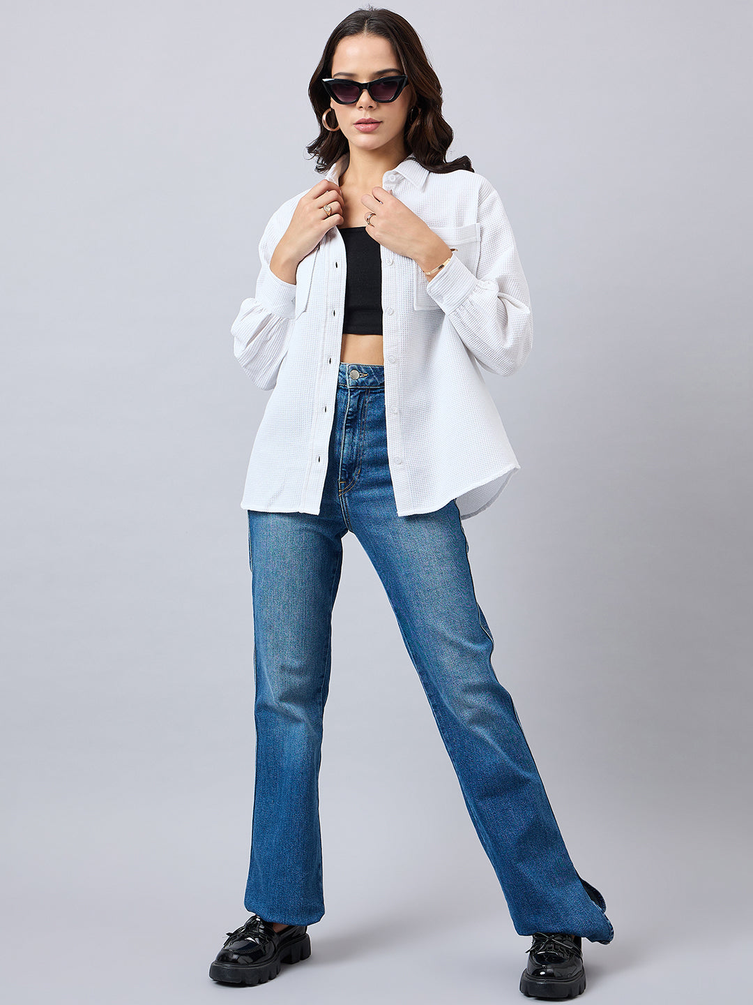 Style Quotient Women Solid Self Design Cotton Oversize Shirt-Shirts-StyleQuotient