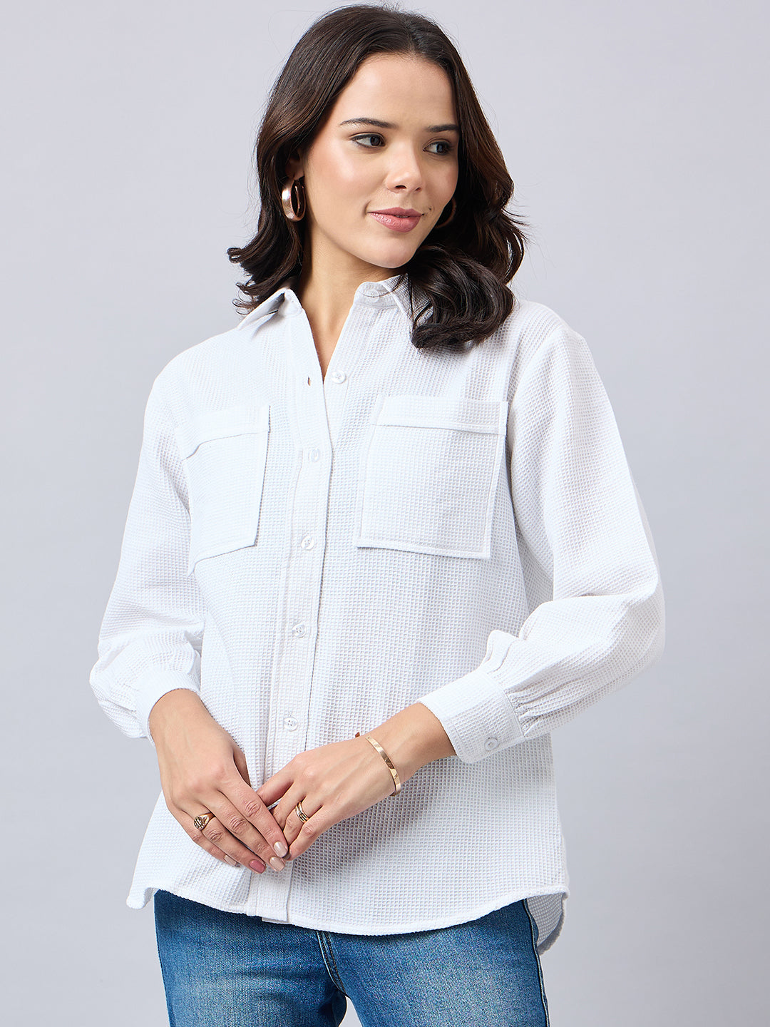 Style Quotient Women Solid Self Design Cotton Oversize Shirt-Shirts-StyleQuotient