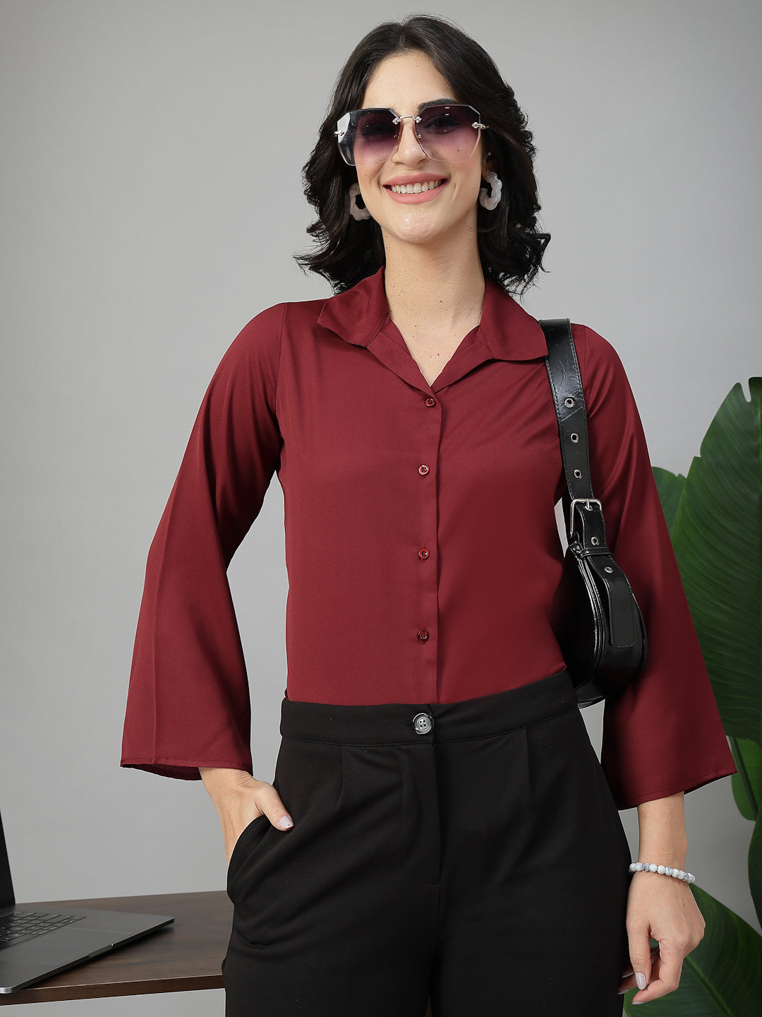 Style Quotient Women Solid Maroon Polymoss Formal Shirt-Shirts-StyleQuotient