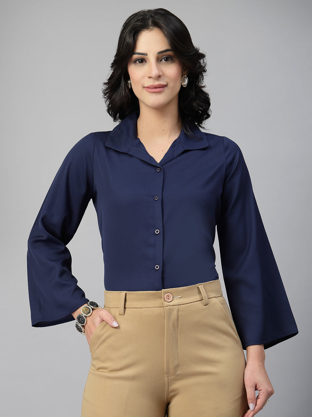 Style Quotient Women Solid Navy Polymoss Formal Shirt-Shirts-StyleQuotient