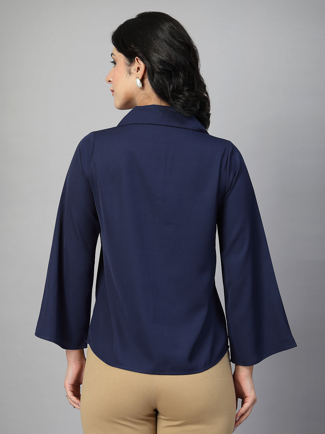 Style Quotient Women Solid Navy Polymoss Formal Shirt-Shirts-StyleQuotient