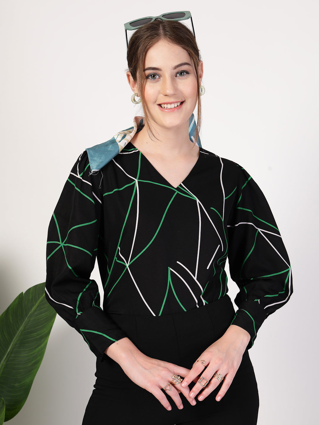 Style Quotient Women Black Multi Printed Regular Fit Formal Polyester Top-Tops-StyleQuotient