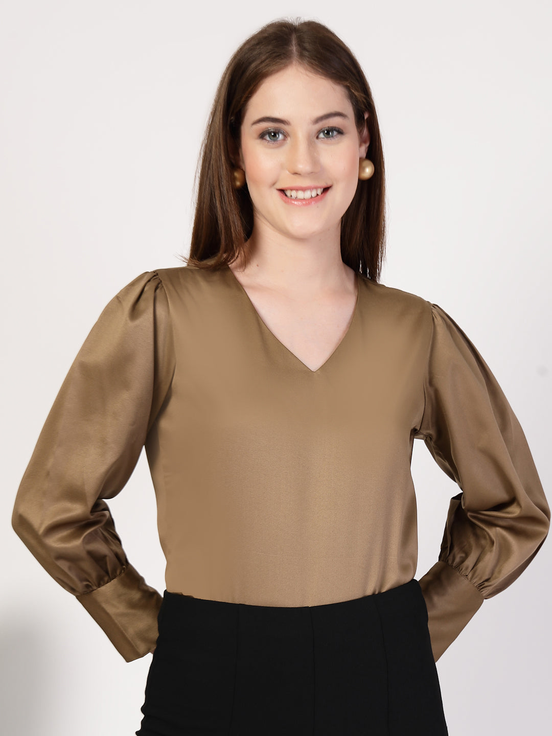 Style Quotient Women Bronze Satin Top-Tops-StyleQuotient