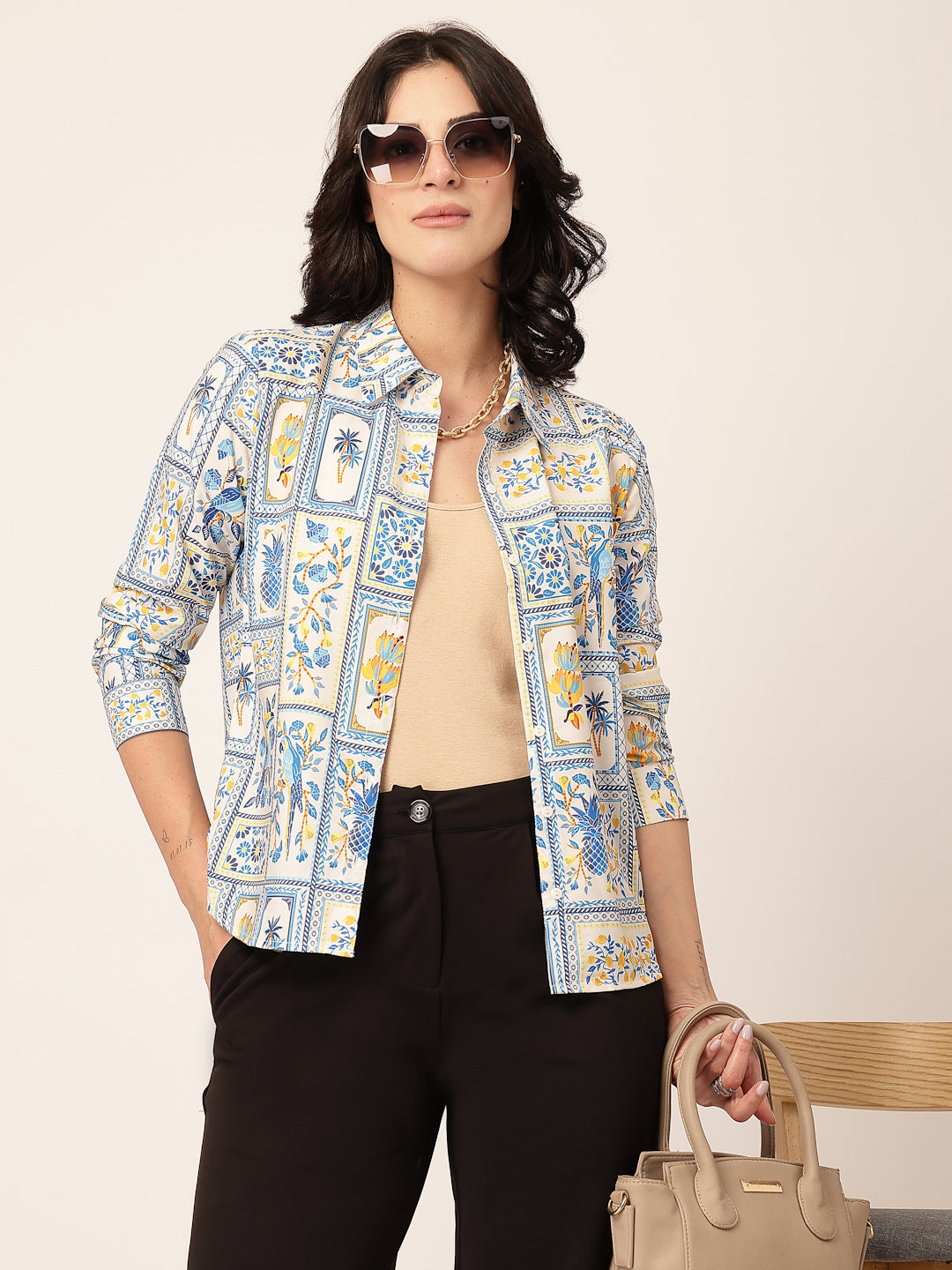 Style Quotient Women White Multi Polycrepe Printed Casual Shirt-Shirts-StyleQuotient