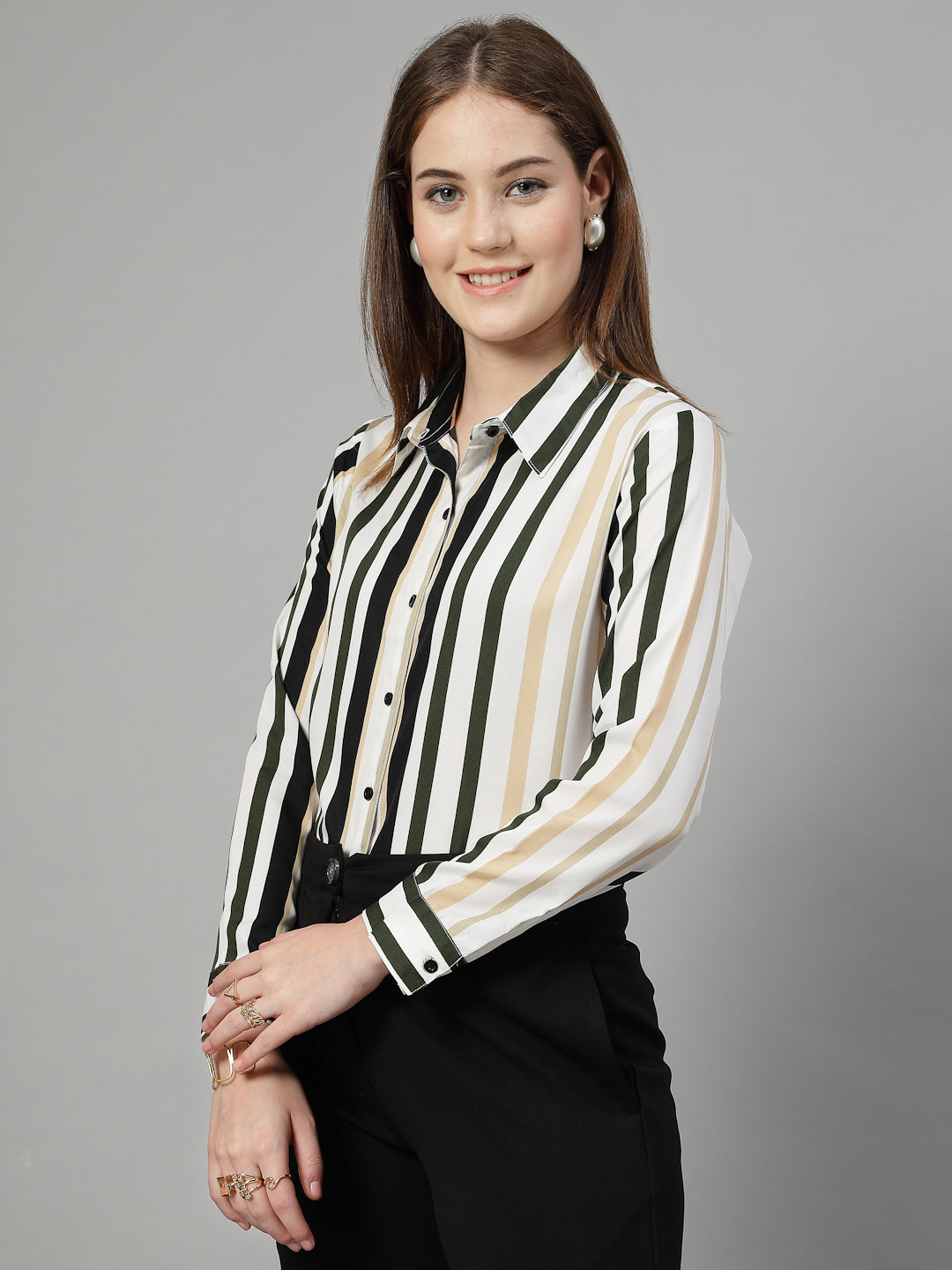 Style Quotient Women White Multi Stripe Printed Semi Formal Polyester Shirt-Shirts-StyleQuotient