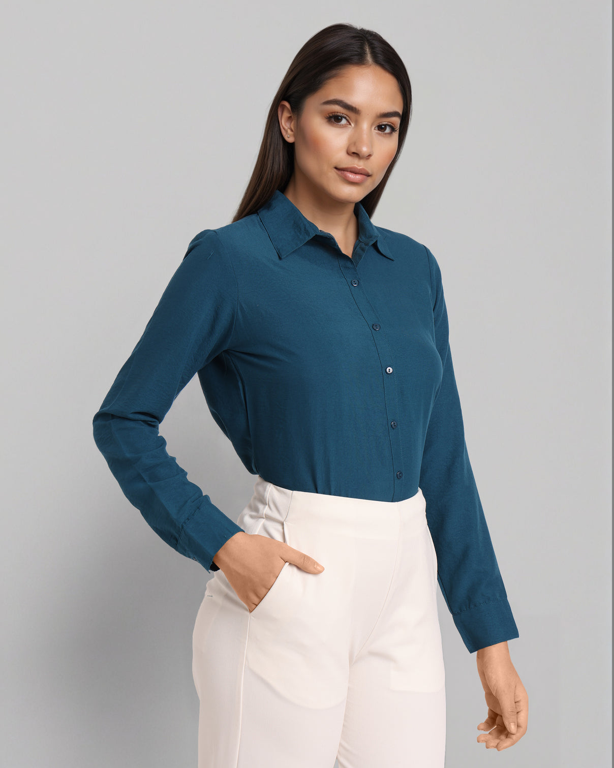 Style Quotient Women Solid Teal Formal polyester Shirt-Shirts-StyleQuotient