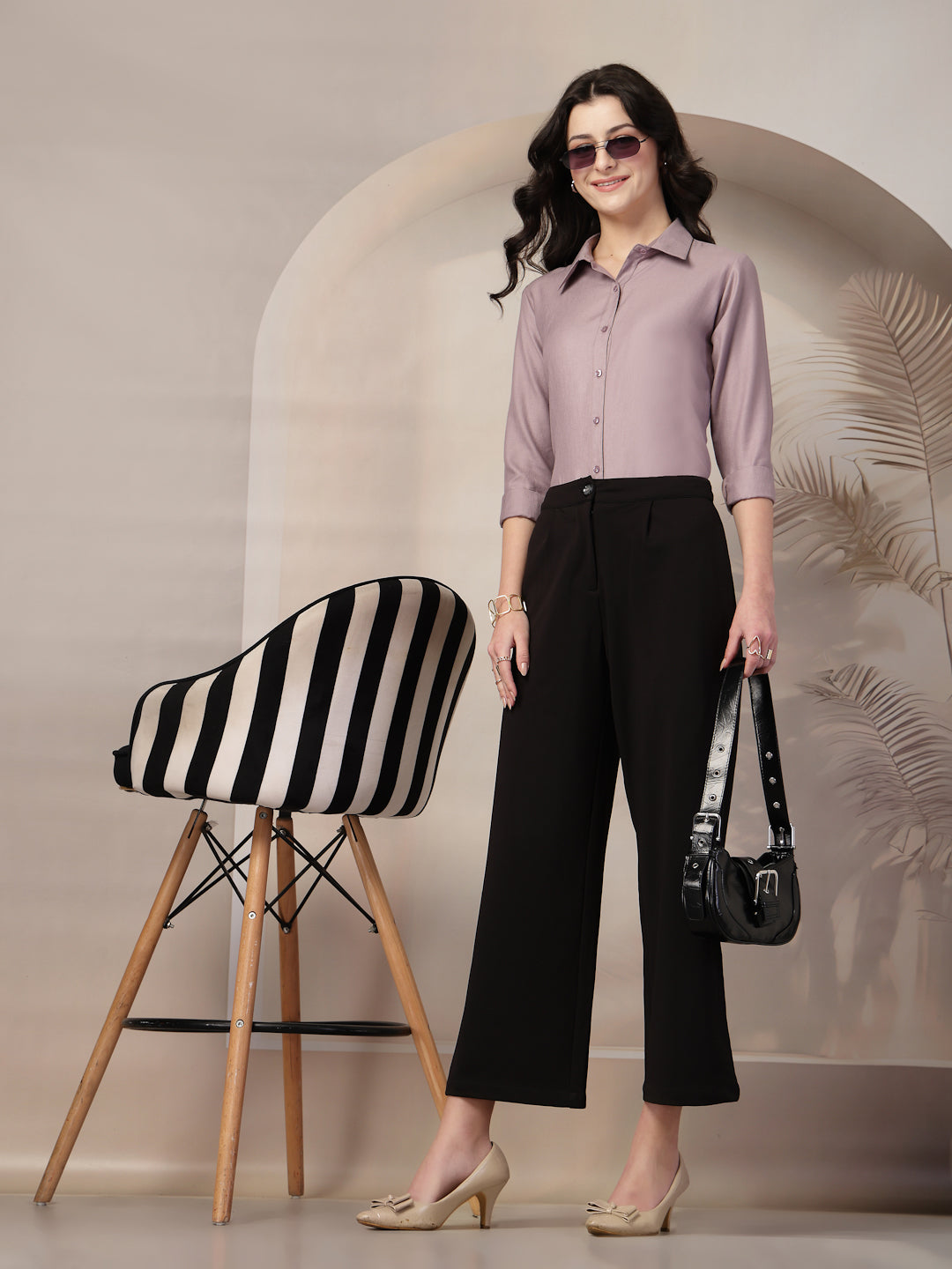 Style Quotient Women Mauve Self Design Linen Regular Fit Formal Shirt-Shirts-StyleQuotient