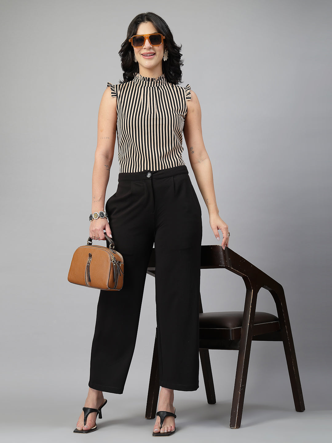 Style Quotient Women Blue And White Stripe Polyester Formal Top-Tops-StyleQuotient