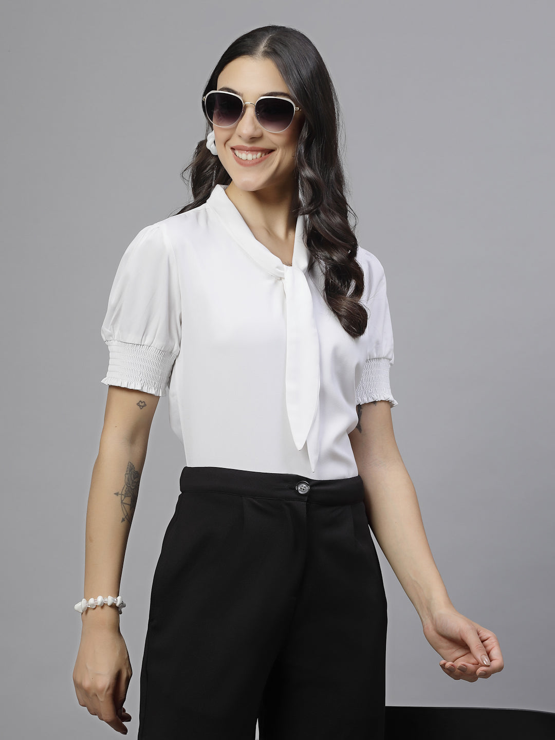 Style Quotient Women Solid White Polymoss Semi Formal Top-Tops-StyleQuotient