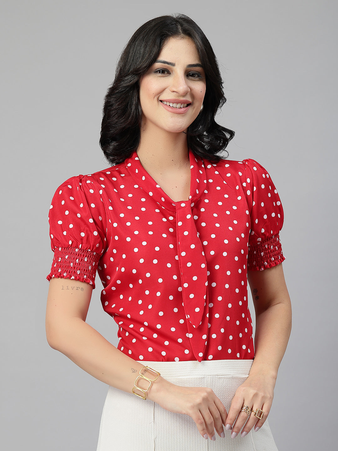 Style Quotient Women Polka Printed Red White Polycrepe Semi Formal Top-Tops-StyleQuotient