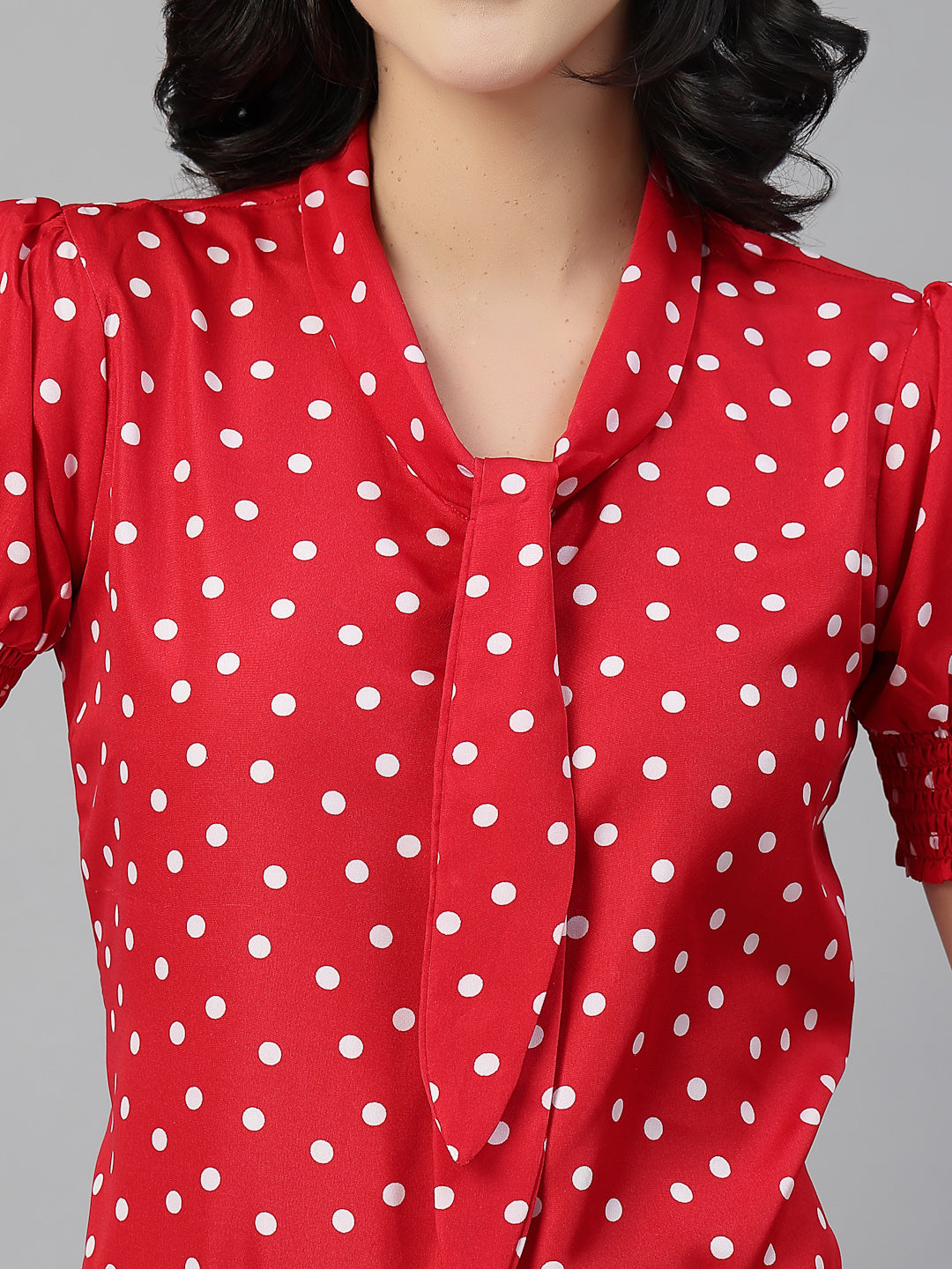 Style Quotient Women Polka Printed Red White Polycrepe Semi Formal Top-Tops-StyleQuotient
