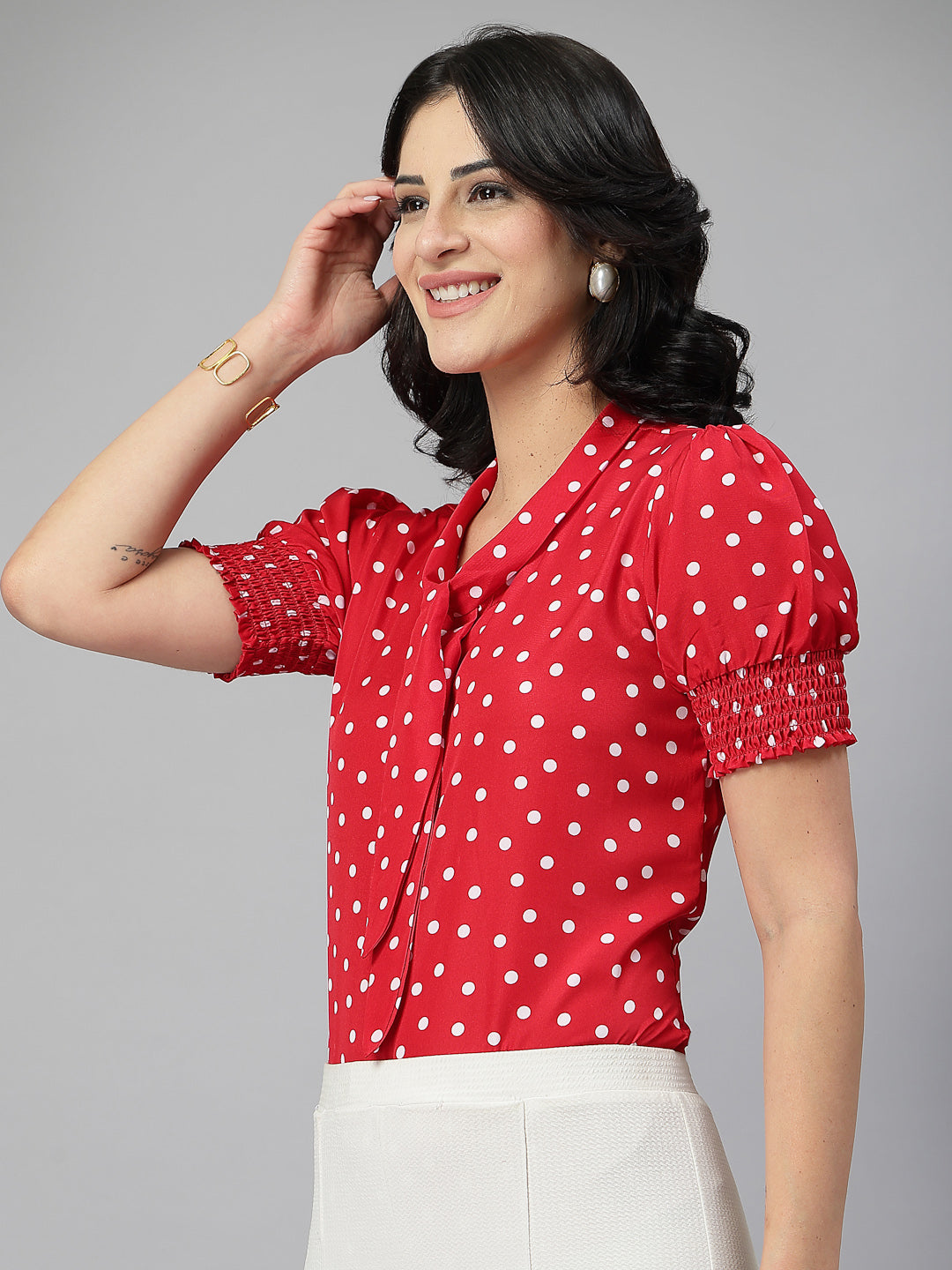 Style Quotient Women Polka Printed Red White Polycrepe Semi Formal Top-Tops-StyleQuotient
