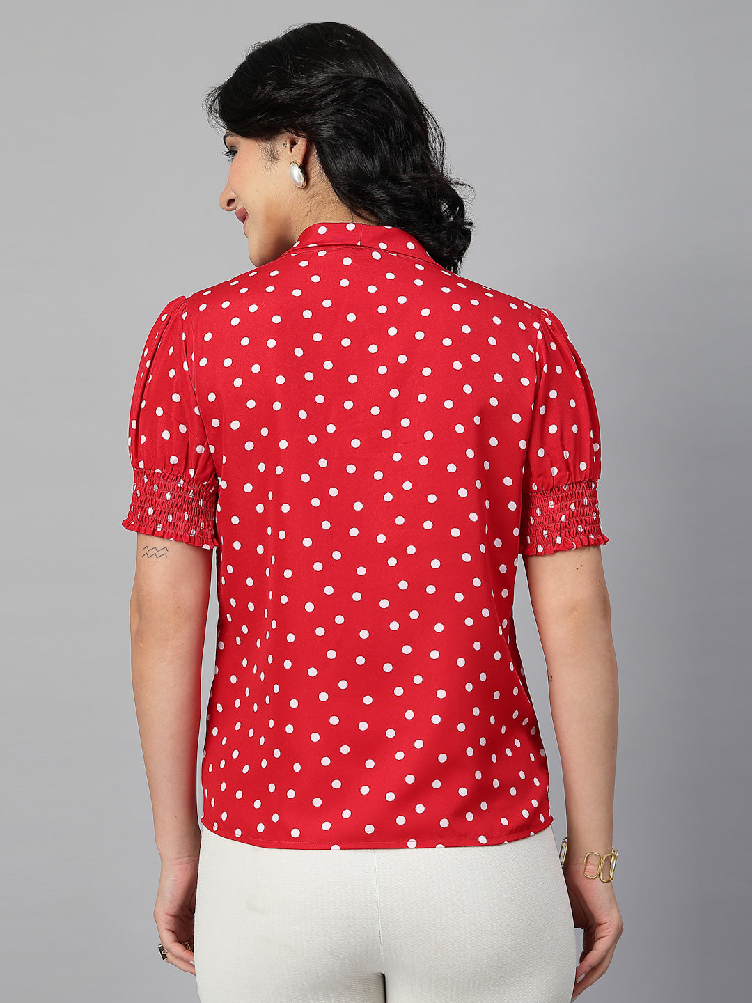 Style Quotient Women Polka Printed Red White Polycrepe Semi Formal Top-Tops-StyleQuotient