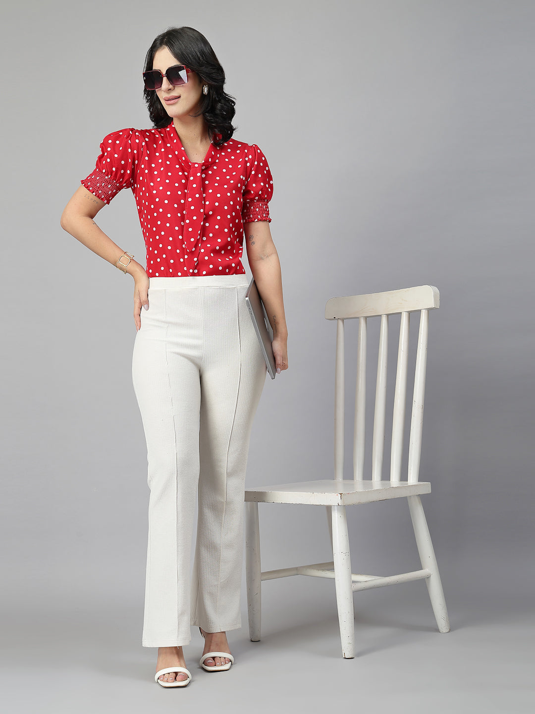Style Quotient Women Polka Printed Red White Polycrepe Semi Formal Top-Tops-StyleQuotient