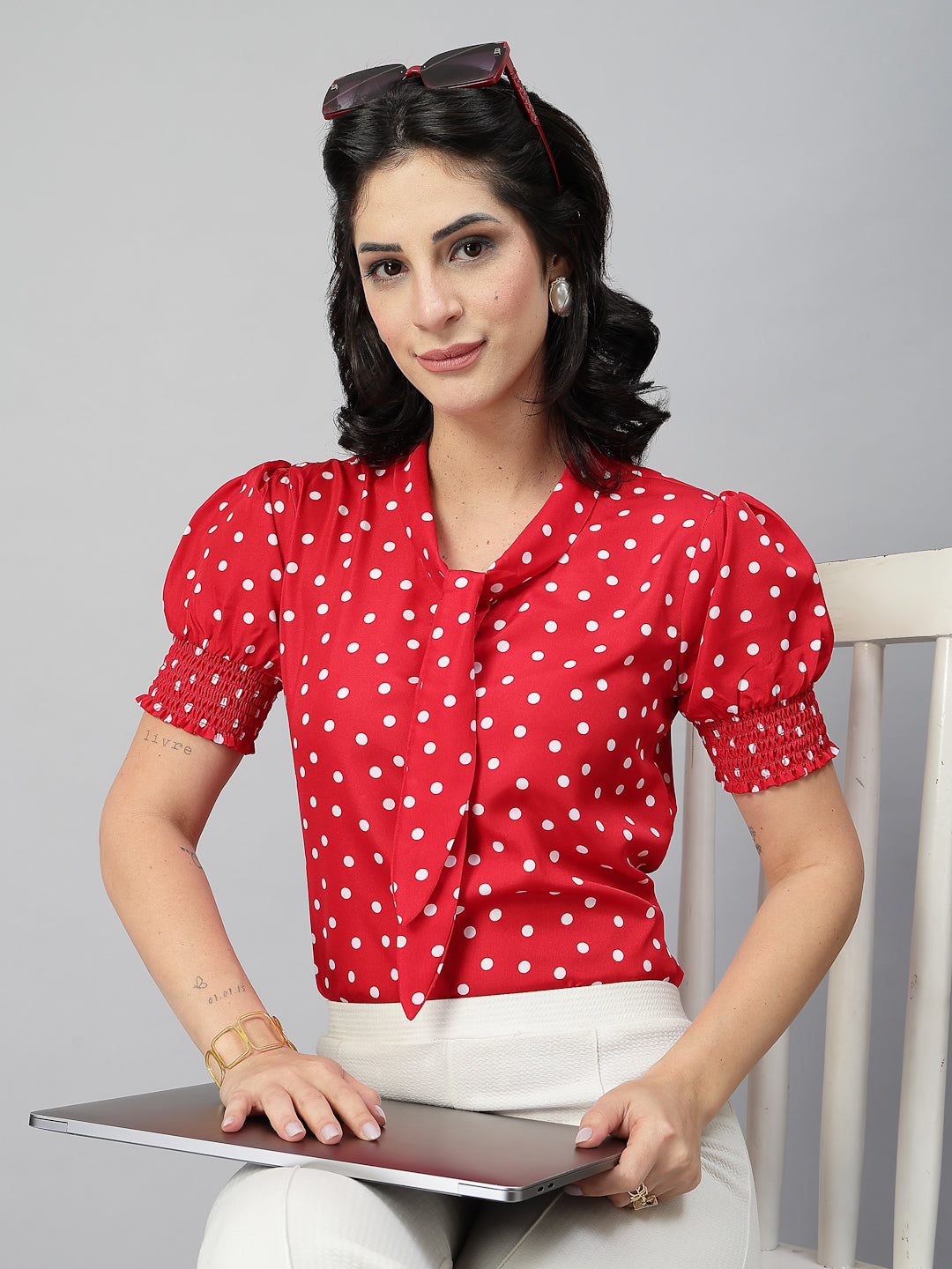 Style Quotient Women Polka Printed Red White Polycrepe Semi Formal Top-Tops-StyleQuotient