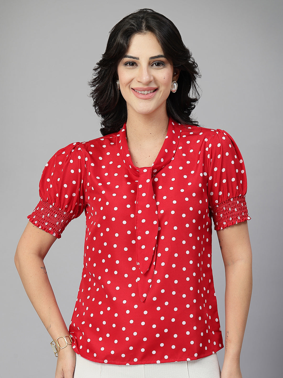Style Quotient Women Polka Printed Red White Polycrepe Semi Formal Top-Tops-StyleQuotient