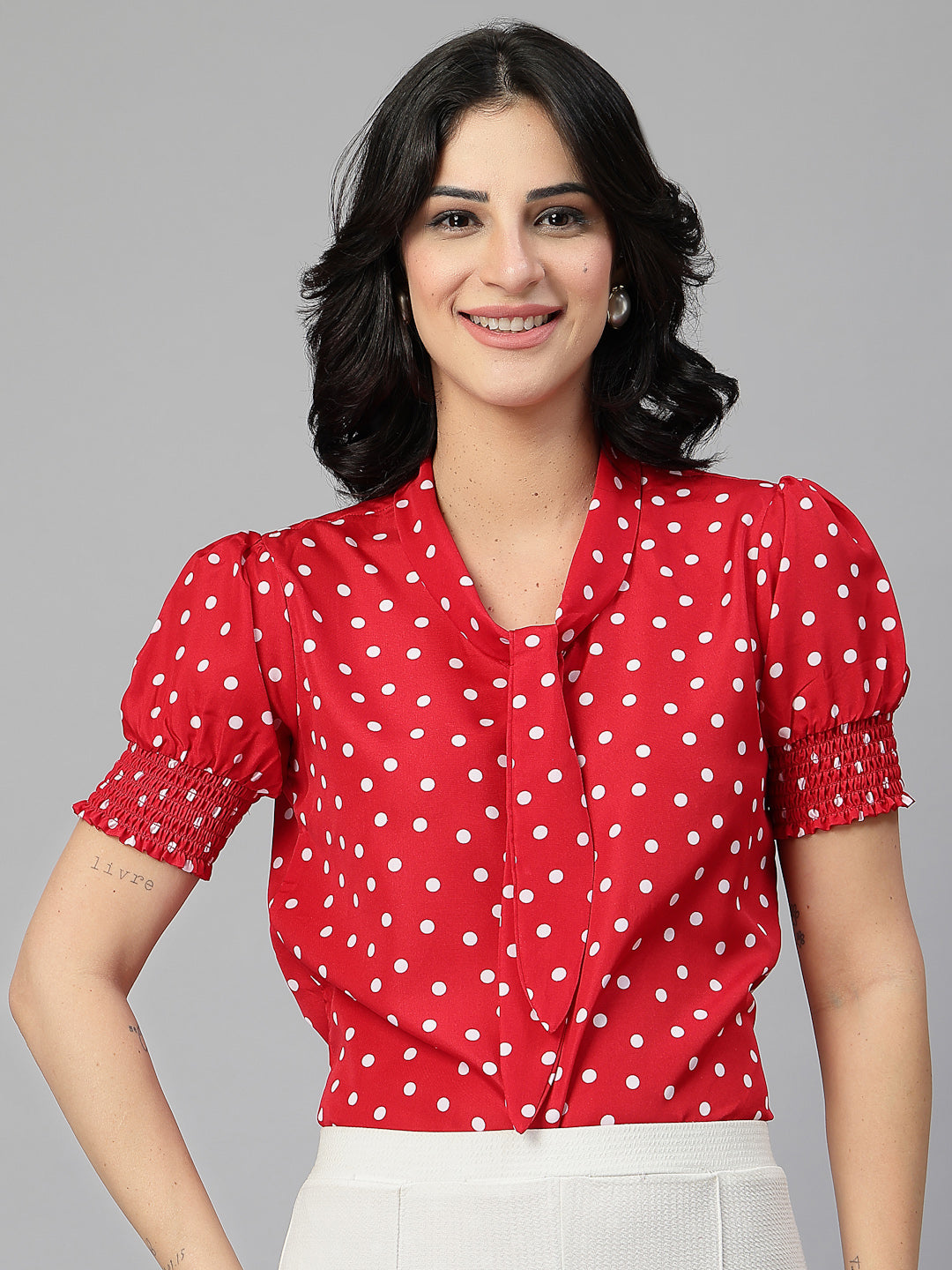 Style Quotient Women Polka Printed Red White Polycrepe Semi Formal Top-Tops-StyleQuotient