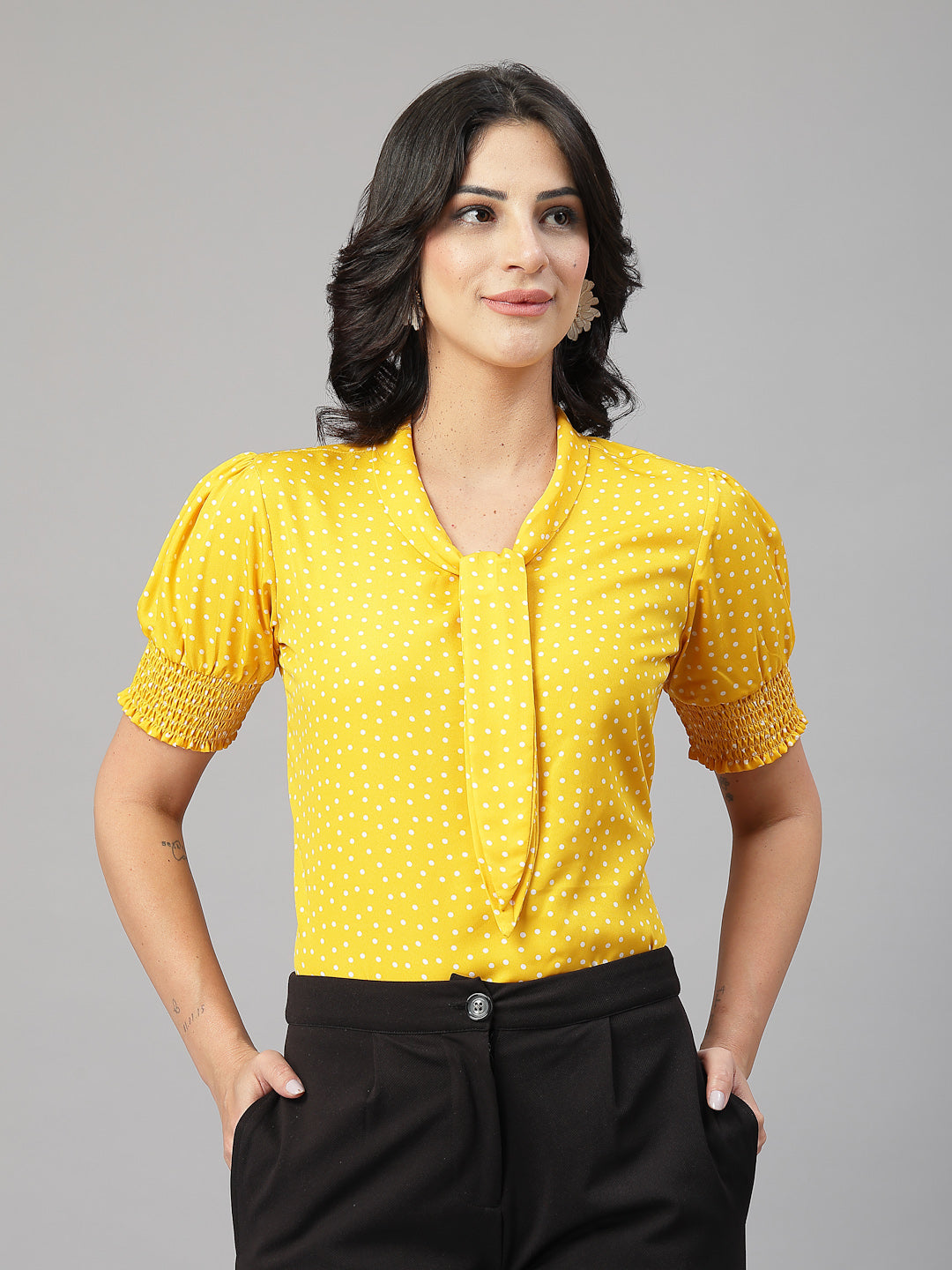 Style Quotient Women Polka Printed Yellow White Polycrepe Semi Formal Top-Tops-StyleQuotient