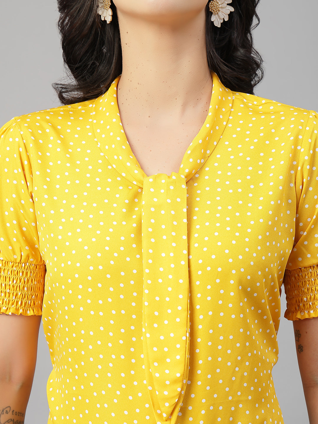 Style Quotient Women Polka Printed Yellow White Polycrepe Semi Formal Top-Tops-StyleQuotient