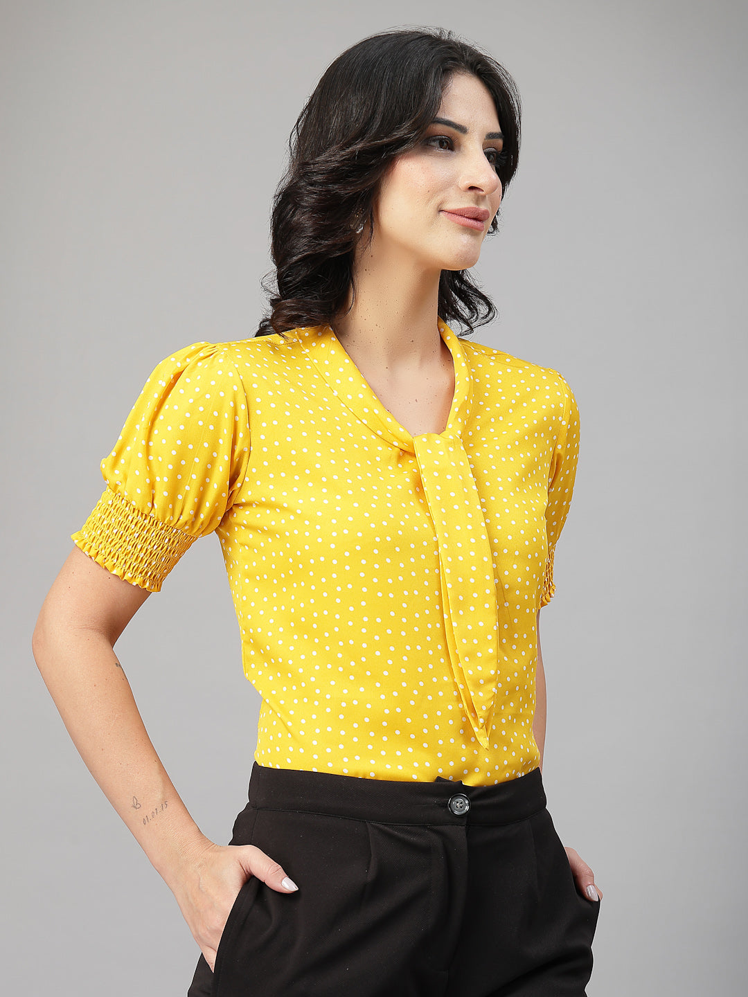 Style Quotient Women Polka Printed Yellow White Polycrepe Semi Formal Top-Tops-StyleQuotient