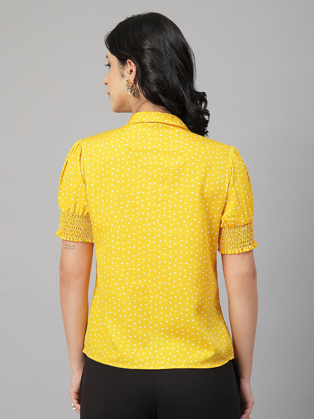 Style Quotient Women Polka Printed Yellow White Polycrepe Semi Formal Top-Tops-StyleQuotient