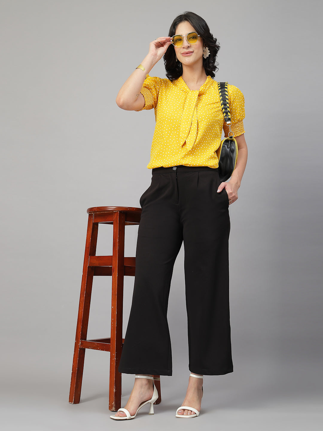 Style Quotient Women Polka Printed Yellow White Polycrepe Semi Formal Top-Tops-StyleQuotient