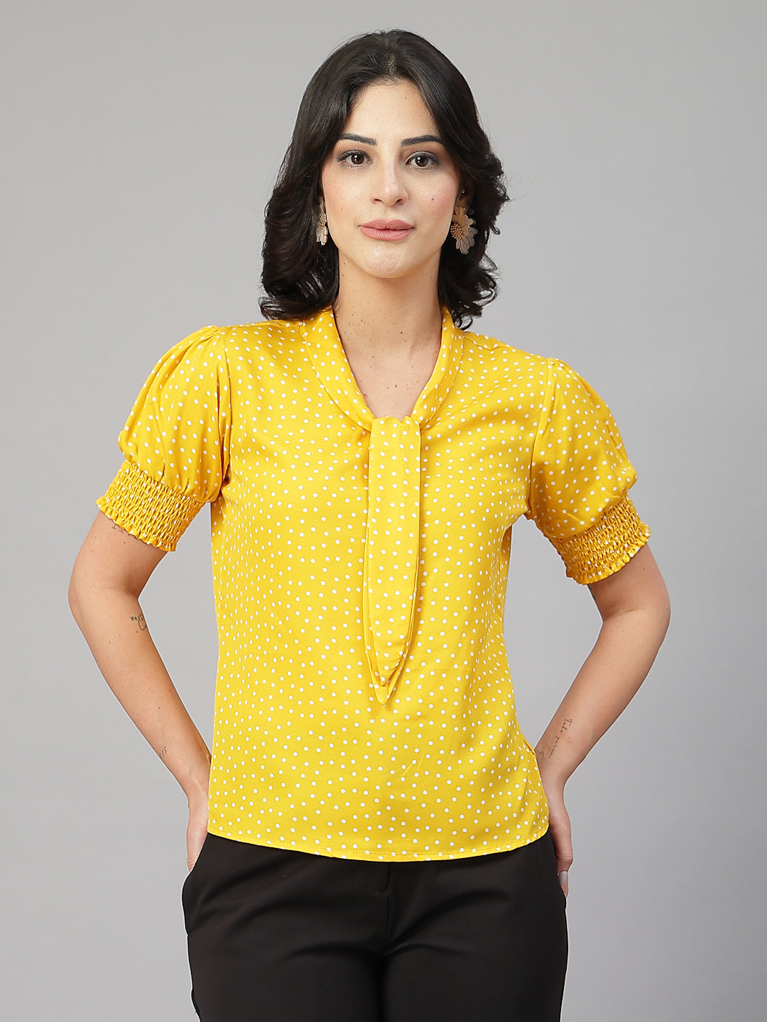 Style Quotient Women Polka Printed Yellow White Polycrepe Semi Formal Top-Tops-StyleQuotient