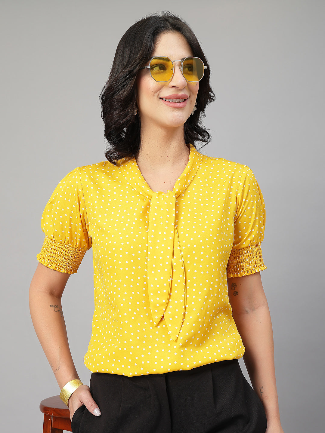 Style Quotient Women Polka Printed Yellow White Polycrepe Semi Formal Top-Tops-StyleQuotient