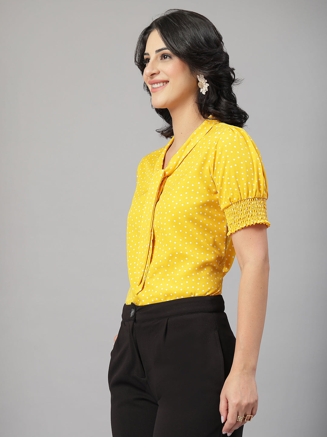 Style Quotient Women Polka Printed Yellow White Polycrepe Semi Formal Top-Tops-StyleQuotient