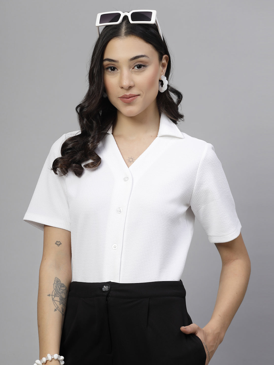 Style Quotient Women White knit shirt-Shirts-StyleQuotient
