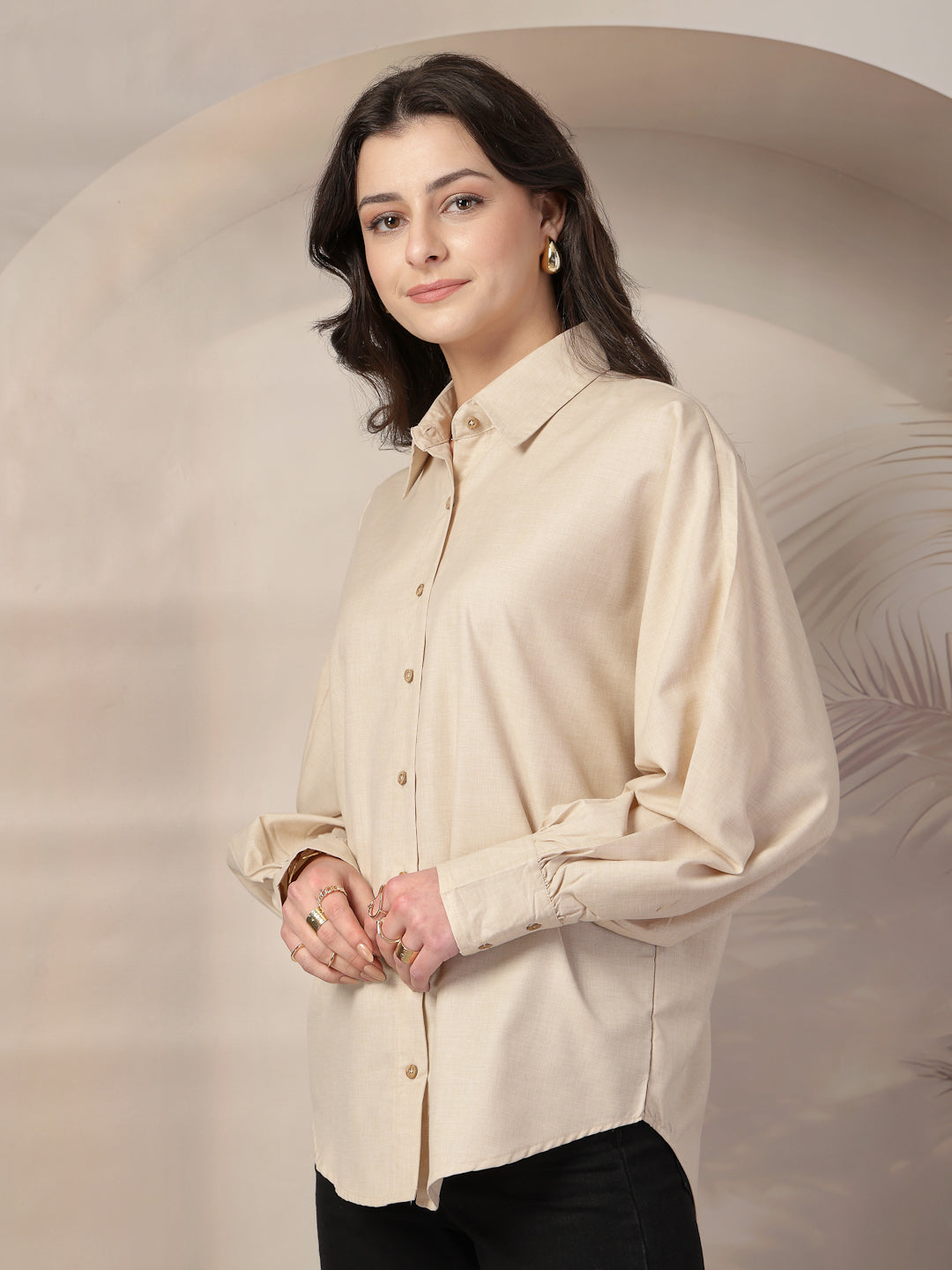 Style Quotient Women Beige Polycotton Solid Oversize Smart Casual Shirt-Shirts-StyleQuotient