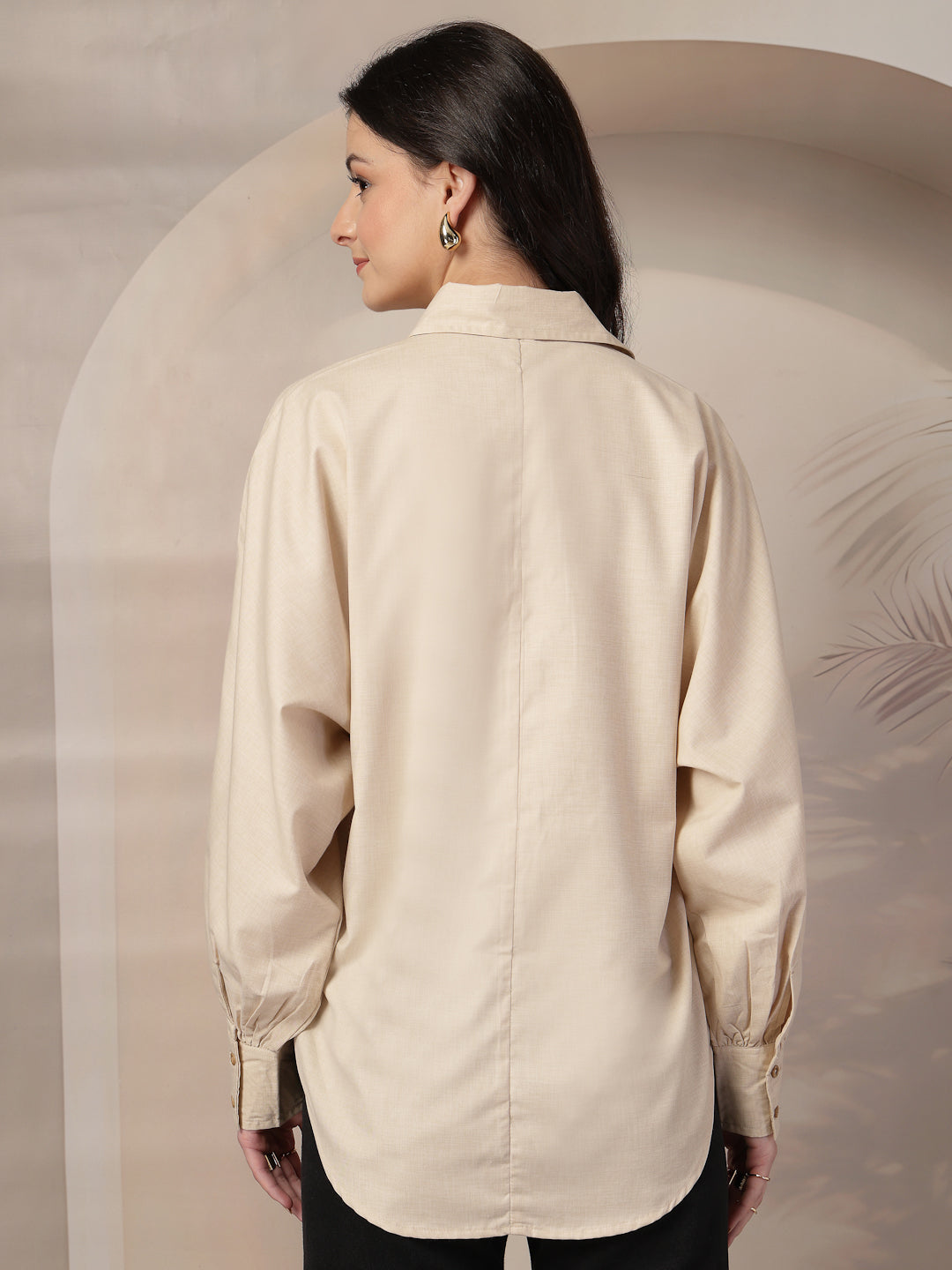Style Quotient Women Beige Polycotton Solid Oversize Smart Casual Shirt-Shirts-StyleQuotient