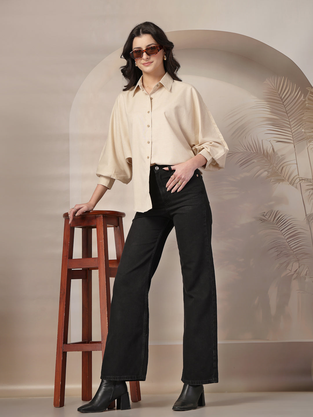 Style Quotient Women Beige Polycotton Solid Oversize Smart Casual Shirt-Shirts-StyleQuotient
