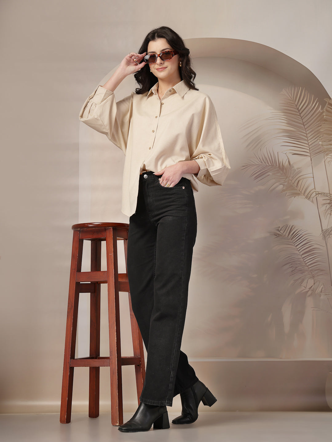 Style Quotient Women Beige Polycotton Solid Oversize Smart Casual Shirt-Shirts-StyleQuotient