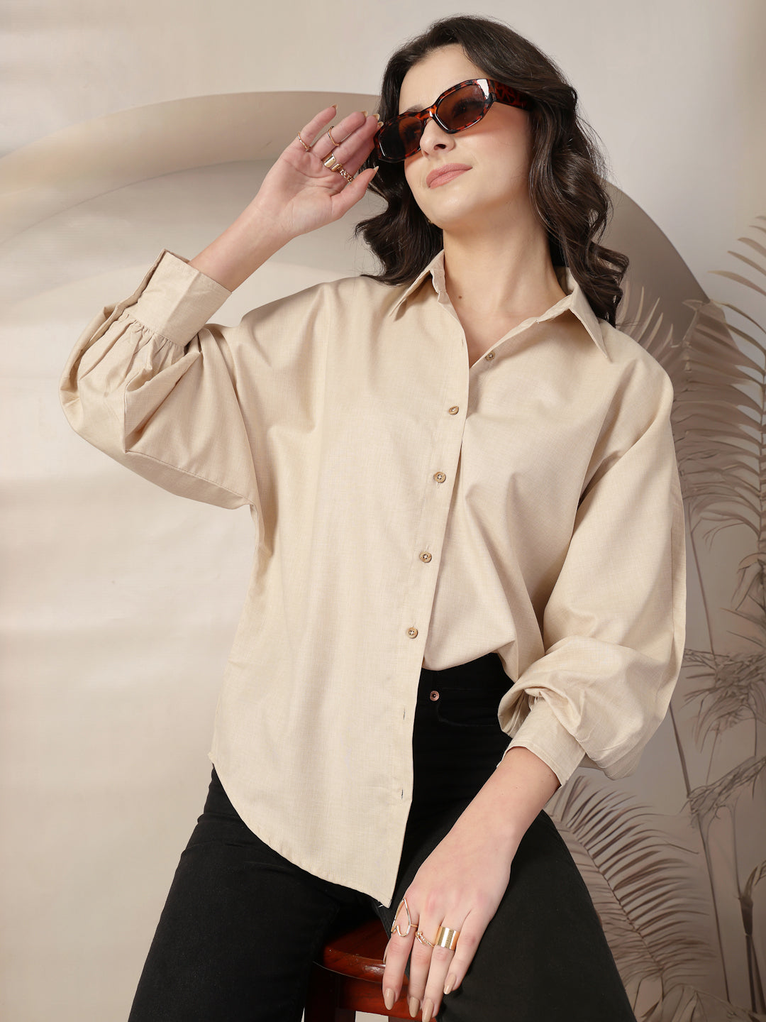 Style Quotient Women Beige Polycotton Solid Oversize Smart Casual Shirt-Shirts-StyleQuotient