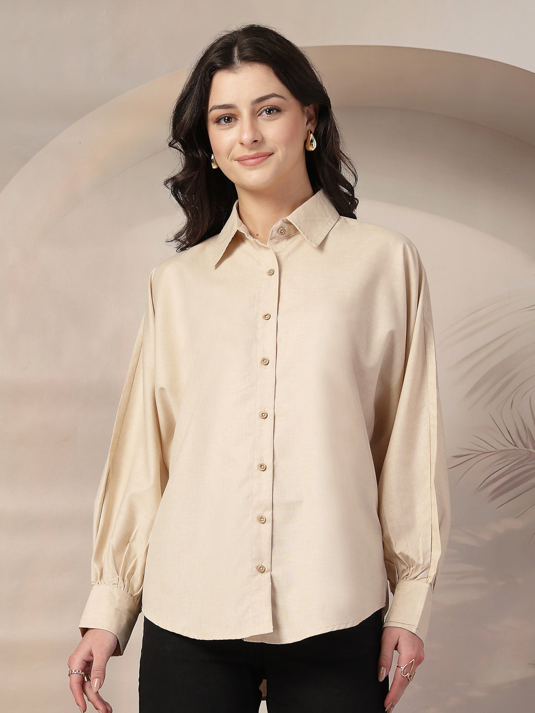 Style Quotient Women Beige Polycotton Solid Oversize Smart Casual Shirt-Shirts-StyleQuotient