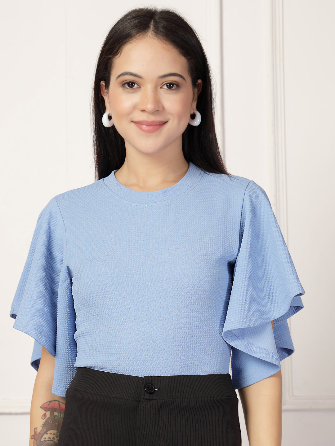 Style Quotient Women Solid Powder Blue Polyknit Semi Formal Top-Tops-StyleQuotient