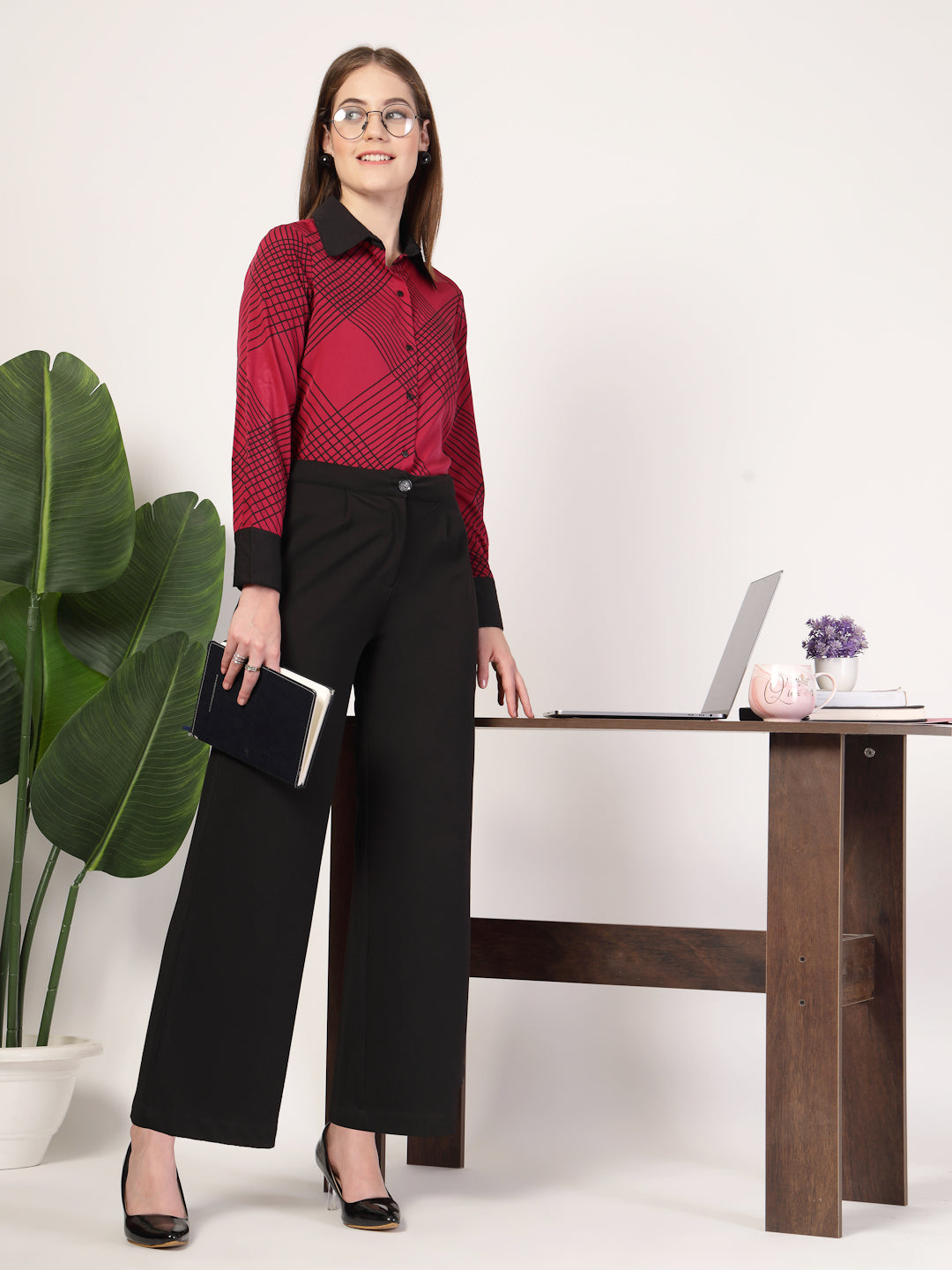 Style Quotient Women Marron Black Printed Regular Fit Formal Polyester Shirt-Shirts-StyleQuotient