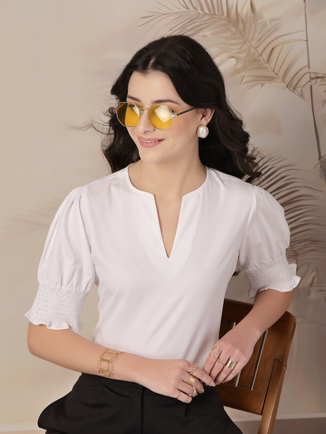 Style Quotient Women White puffed sleeves top-Tops-StyleQuotient