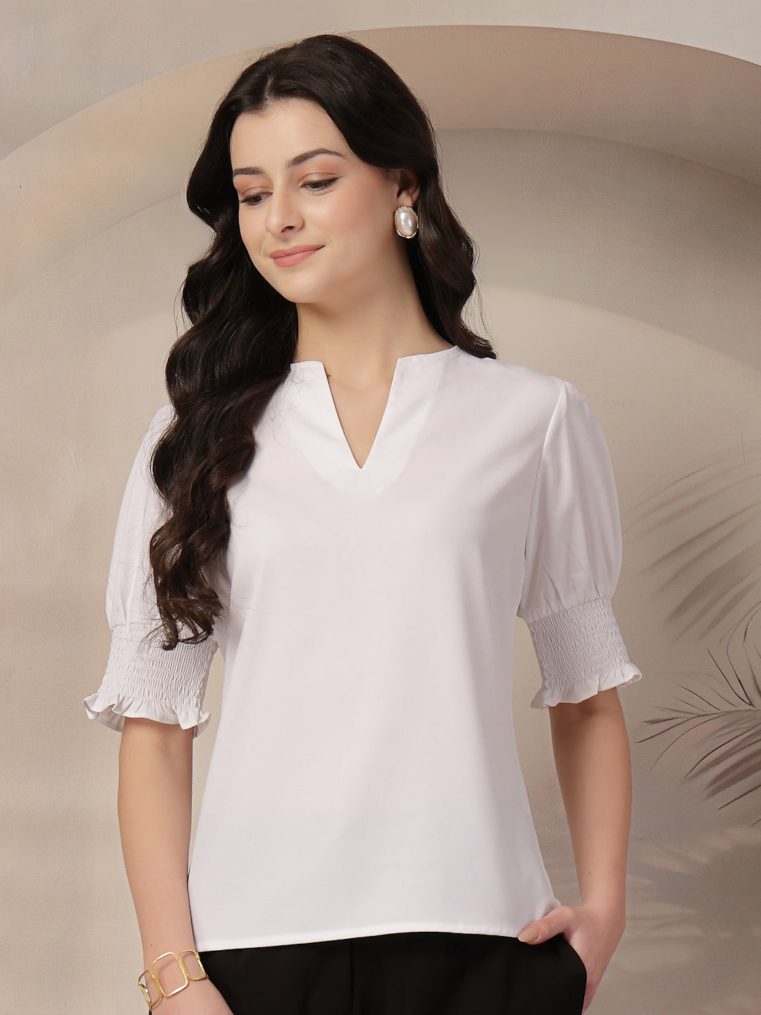 Style Quotient Women White puffed sleeves top-Tops-StyleQuotient