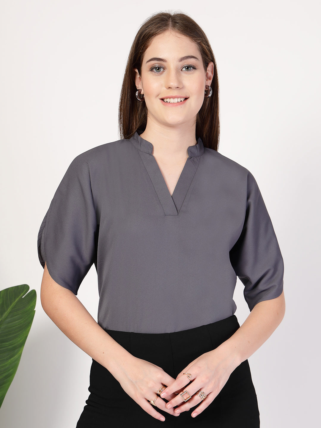 Style Quotient Women Solid Grey Polymoss Formal Top-Tops-StyleQuotient