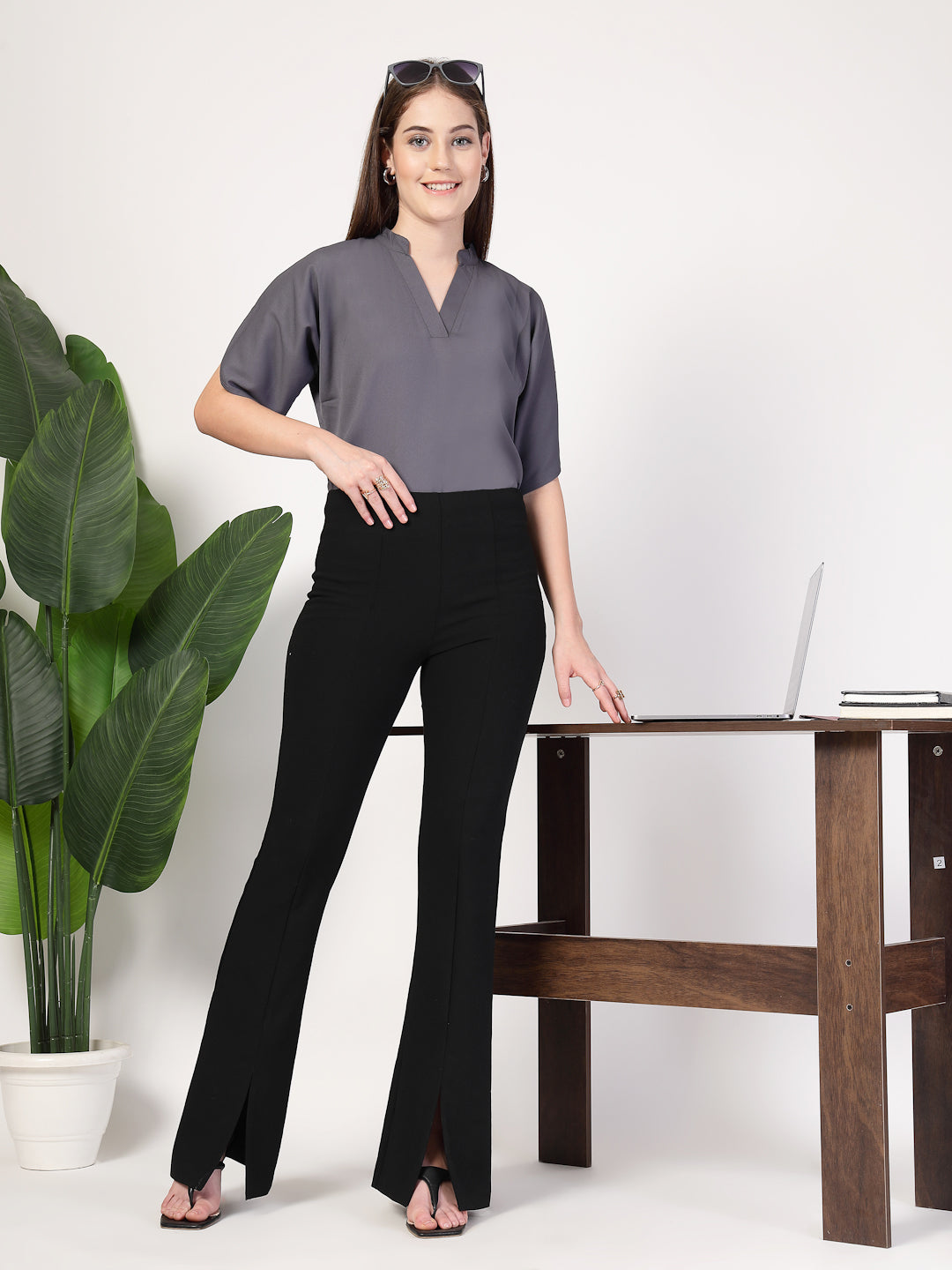 Style Quotient Women Solid Grey Polymoss Formal Top-Tops-StyleQuotient
