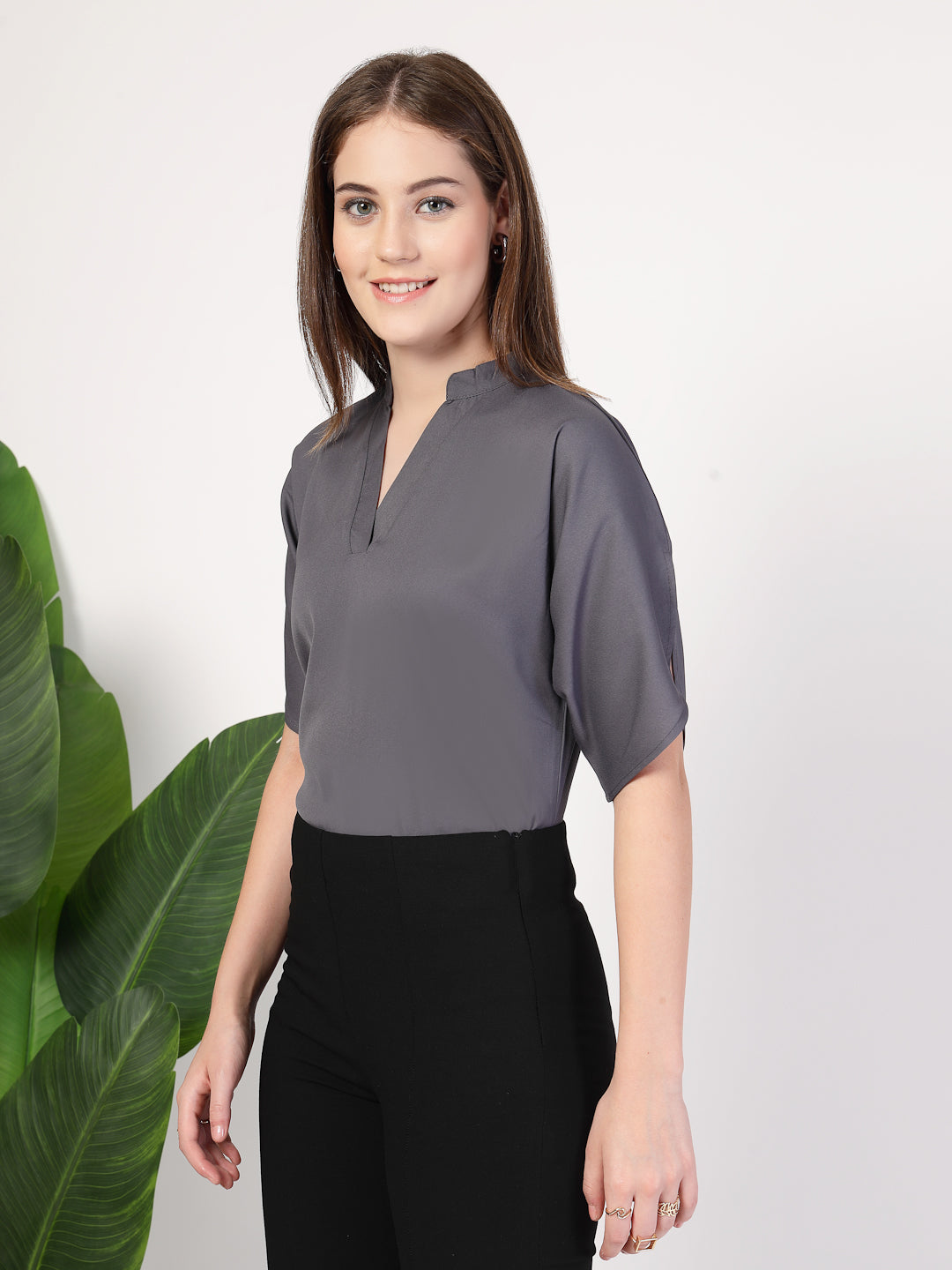 Style Quotient Women Solid Grey Polymoss Formal Top-Tops-StyleQuotient