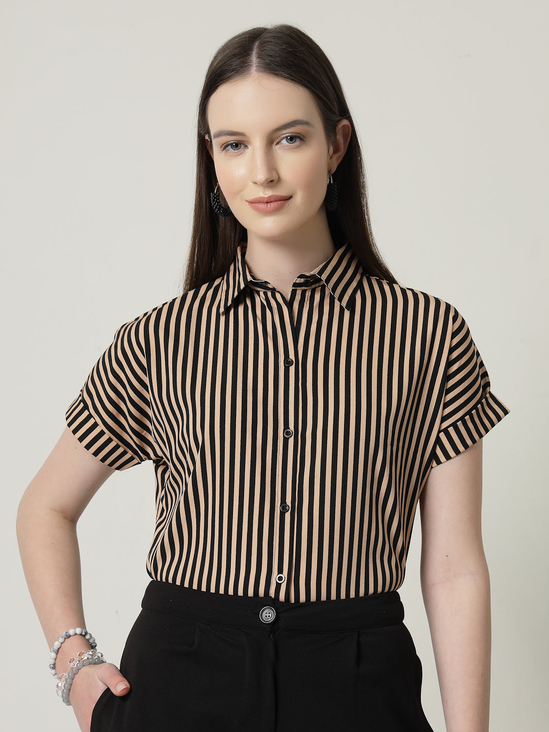 Style Quotient Women Nude Black Stripe Polycrepe Formal Shirt-Shirts-StyleQuotient